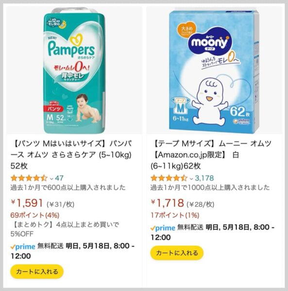 Amazonのおむつ価格、1枚あたりいくら？